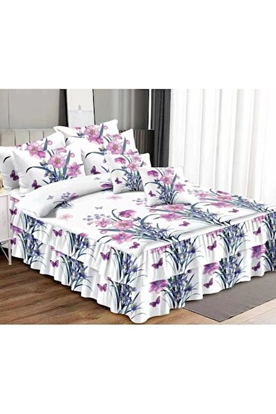 OEM Double Bed Linen with Ruffles, 6 Pieces, 2 Persons, Lilac Flowers, 270x245cm, Multicolor