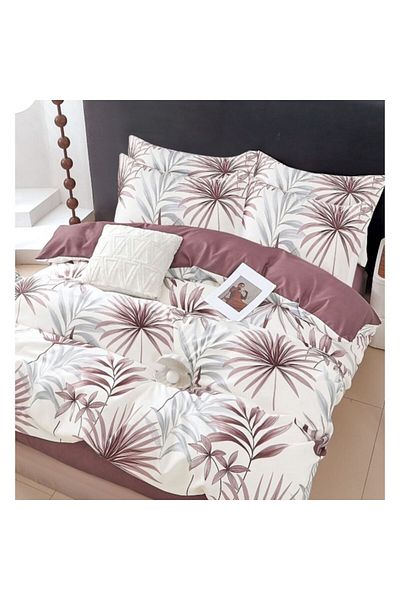 OEM Double Bed Linen Set, 6 Pieces, for 2 Persons, Cotton Satin Material, Palm Leaf Print, White-Brown