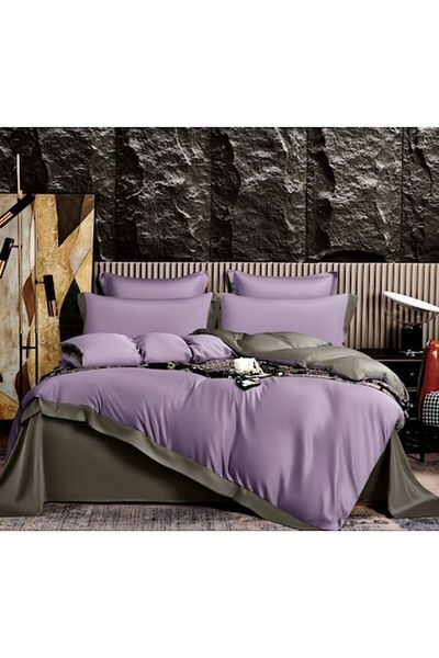 OEM Set de cearșafuri, bicolor, imitație de mătase, pentru 2 persoane, 6 piese, 230x245cm, violet-gri