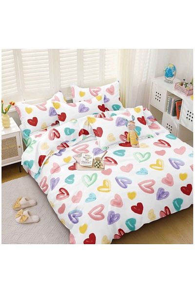 OEM Double Bed Sheet, Satin Cotton, 4 Pieces, 2 Persons, 240x250cm, Pastel Heart Print, Multicolor