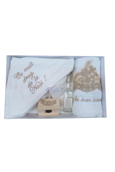 OEM Trusou pentru botez, "Cu mult drag de la Nasi",7 piese, Auriu M3
