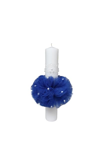 OEM Lumânare de botez, decorată cu tul și perle albe, 35 cm, bleumarin