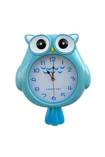 OEM Ceas de perete din plastic, în formă de bufniță, 30 cm, albastru deschis