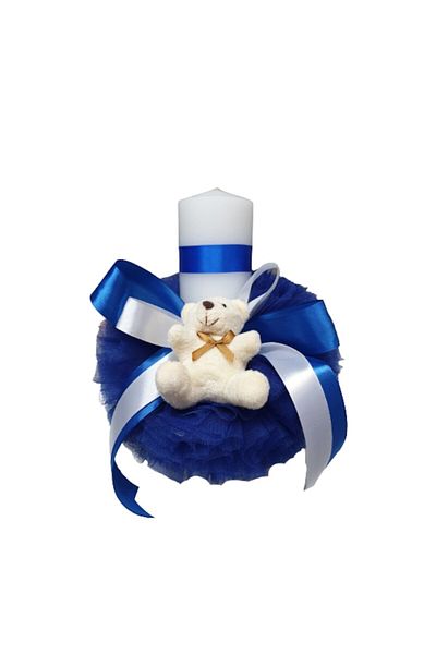 OEM Lumânare de botez cu tul, fundă de mătase și ursuleț de pluș, 30 cm, bleumarin