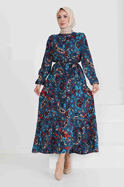 TOFİSA Desenli Kuşaklı Elbise Lacivert - 27472