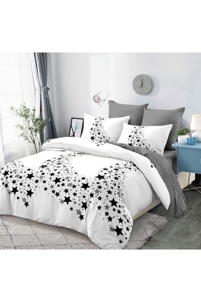 OEM Double bed linen set, with spring, fitted sheet, 6 pieces, 180x200cm, Finet, stars, white-gray
