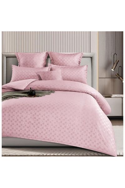 OEM Double Bed Set, Checkered Model, Finet, 6 Pieces, 2 People, 180x200cm, Powder Pink