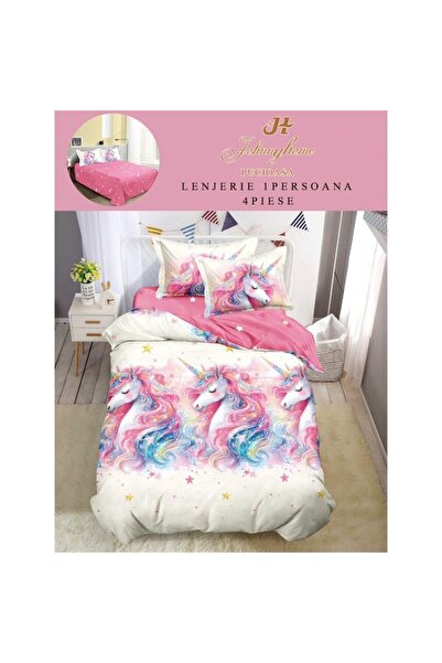 OEM Lenjerie de Pat, Finet Satinat, 1 Persoana, 150x220 cm, 4 Piese, Imprimeu Unicorni, Multicolor