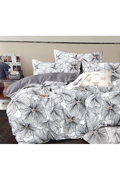 OEM Double bed sheet set, 6 pieces, 240x250cm, cotton satin material, floral, white-gray