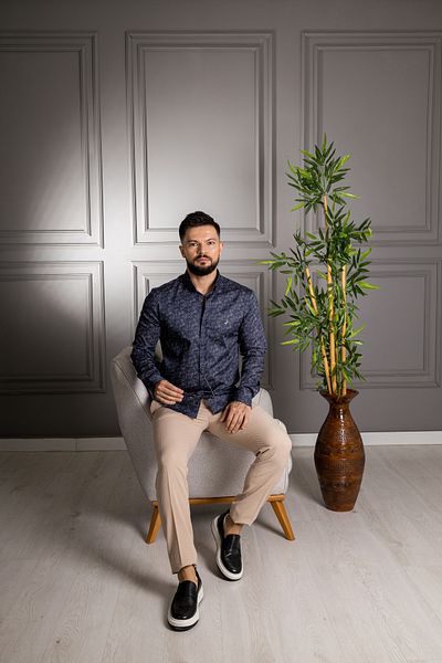 Sarar Interviu Artos Cămașă cu guler cu nasturi ascunși 100% bumbac cu model bleumarin
