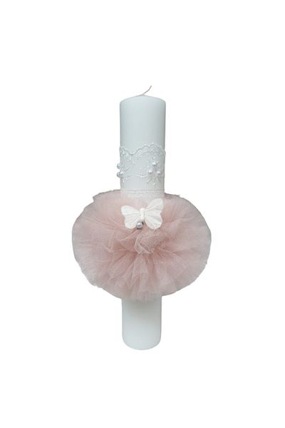 OEM Lumânare de botez, decorată cu tul și fluture, 35 cm, roz somon