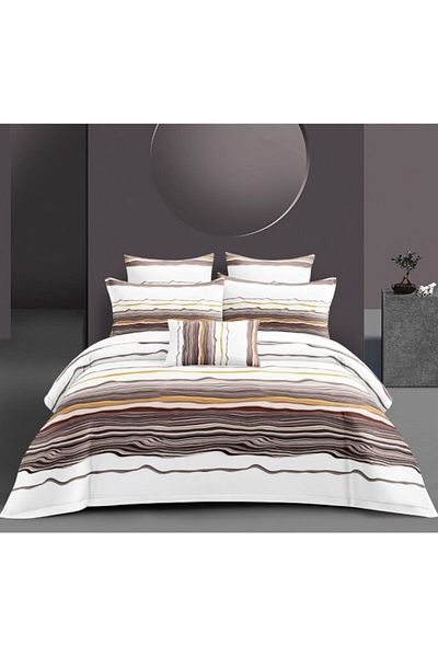 OEM Lenjerie de Pat, Bumbac Satinat, 4 piese, 2 persoane, Imprimeu Bej Nuante, 180x200cm