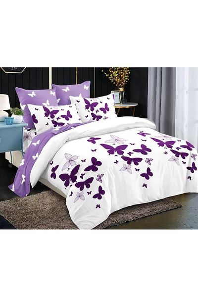 OEM Double Bed Linen Set, Elastic Sheet, Finet, 6 Pieces, Butterfly Print Purple, 180x200cm, White-Purpl