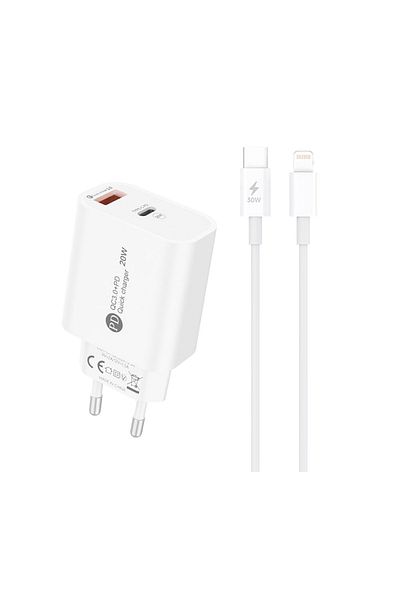 Hurtel Încărcător de perete USB-A USB-C 20W cu cablu USB-C de 1 m - iPhone Lightning - Alb