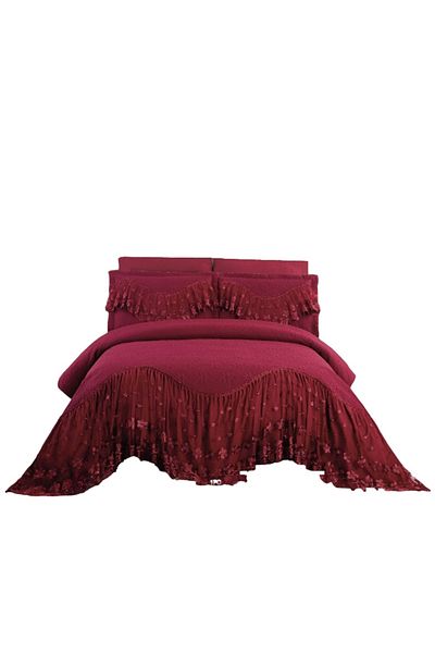JOJO HOME Bedspread and 2 Pillowcases with Embroidered Ruffles, 2 Persons, 3 Pieces, 220x280cm, Burgundy