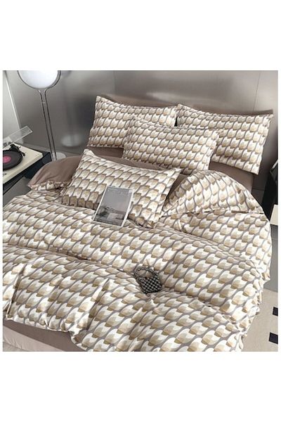 OEM Double Bed Linen Set, 6 Pieces, 2 Persons, 240x250cm, Satin Cotton Material, Abstract Print, Beige-W