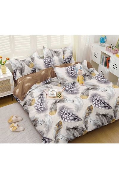 OEM Bed Linen Set, Elastic Sheet, Satin Cotton, 2 People, 4 Pieces, Indian Feather Print, 180x200cm, Mul