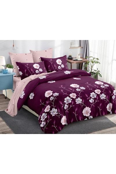 OEM Double Bed Set, Cotton, 6 Pieces, 2 Persons, White Flower Print, 230x250cm, Purple-Lilac