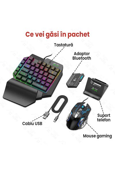 GlowforHome Kit gaming cu tastatura 39 taste si mouse RGB, suport telefon, Bluetooth, Android/PC