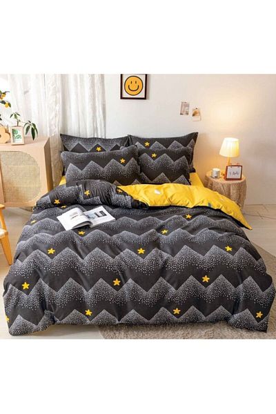 OEM Double Bed Sheet, Satin Cotton, 4 Pieces, Abstract Print, Black-Yellow