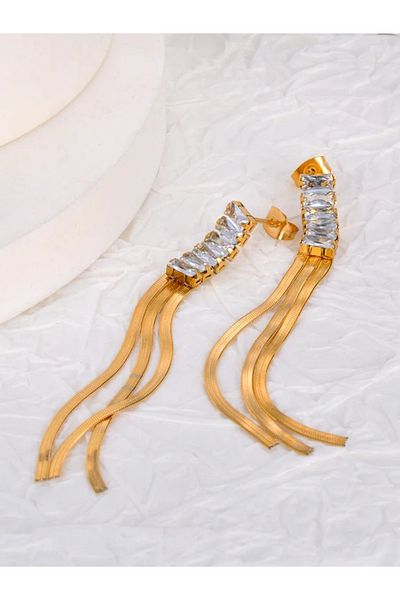 Eva Grace Lyanna long gold earrings with zirconia, made of 18K gold-plated stainless steel - Parisian Collection