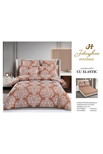OEM Double Bed Linen Set, Elegant Silk Imitation, 6 Pieces, 180x200cm, Light Brown-White