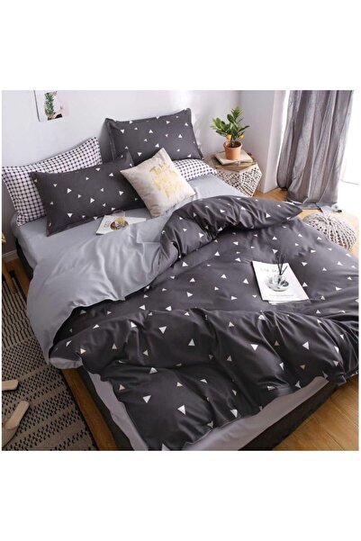 OEM Lenjerie de pat dublu, Bumbac Satinat, 4 piese, 2 persoane, 240x250cm, Imprimeu Triunghiuri, Gri-Alb