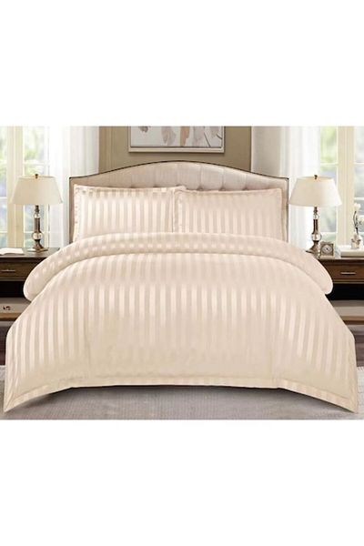 OEM Lenjerie de pat dublă, model damasc, elastică, 4 piese, 2 persoane, uni, 180x200cm, bej
