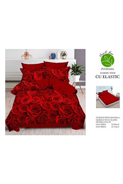 OEM Set bed linen finet, elastic, 6 pieces, red with roses, 180x200 cm