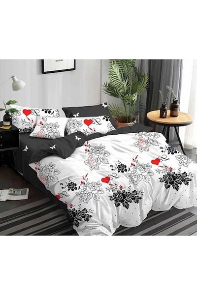 Pucioasa Double Bed Sheet Set, Pucioasa, Finet, 6 Pieces, 2 Persons, Love Print, 245x250cm, White-Grey