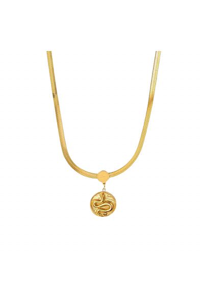 Eva Grace Daphne necklace, gold, made of 18K gold-plated stainless steel, with a round snake-shaped medallion