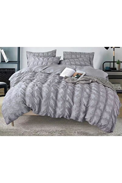 OEM Lenjerie de pat dublu, Sonia-Home, Finet, Uni, model Creponat, 6 piese, 2 persoane, 220x240cm, Gri D