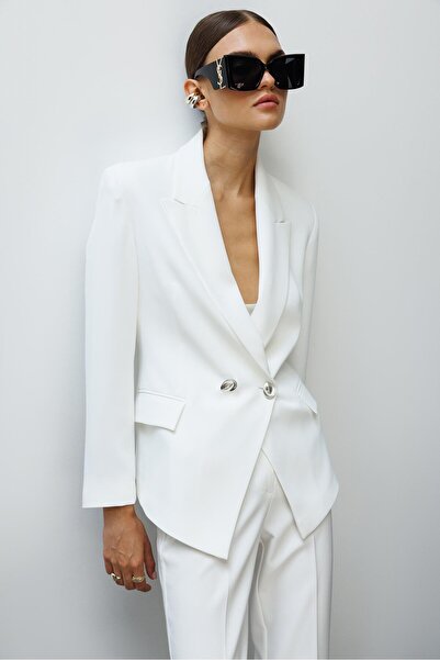 Moda İlgi Modailgi Yanları Metal Aksesuarlı Kruvaze Ceket Ekru