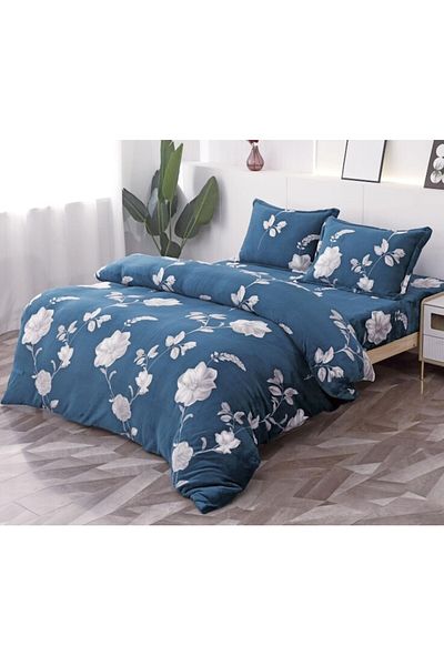 OEM Lenjerie de pat dublă, Cocolino, 4 piese, 2 persoane, 180x200cm, imprimeu floral, albastru-gri