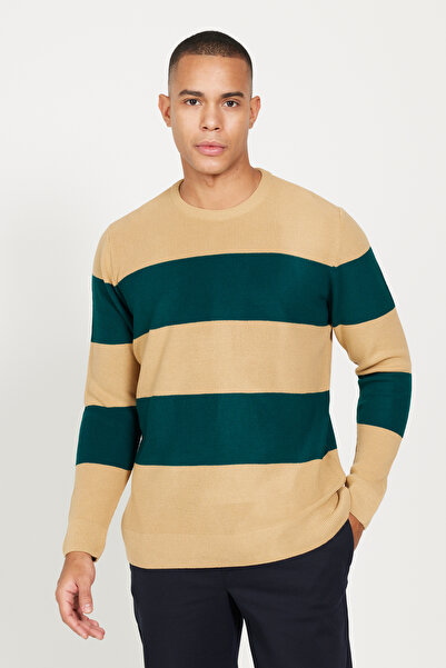 AC&Co / Altınyıldız Classics Ανδρικό πλεκτό πουλόβερ με λαιμόκοψη σε καφέ-πράσινο χρώμα που δεν παγώνει και δεν παγώνει