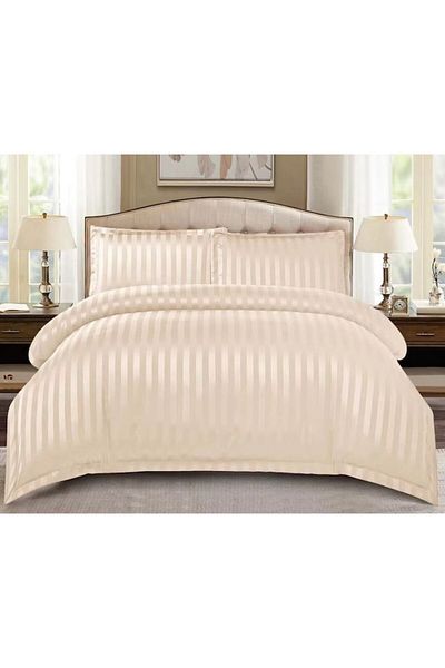 OEM Lenjerie de pat dublă, model damasc, elastică, 4 piese, 2 persoane, uni, 180x200cm, bej