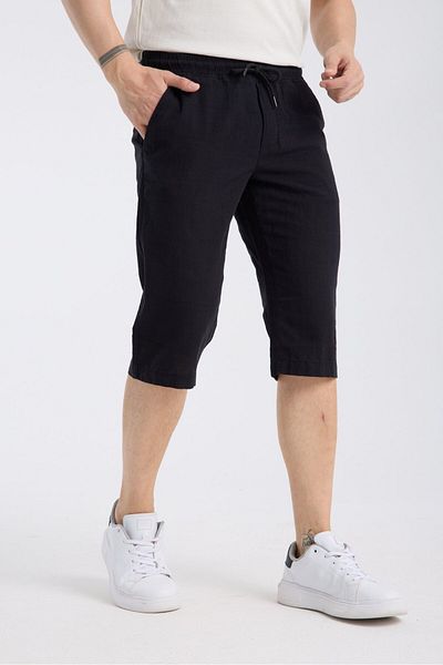 Wise Men's Cotton Linen Bermuda Capri Long Shorts with Elastic Waist Below the Knee