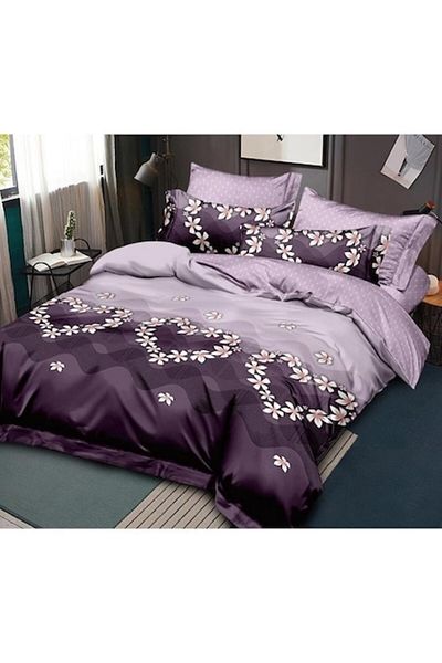 Pucioasa Lenjerie de pat dublă, Pucioasa, Finet, 6 piese, imprimeu cu inimioare și flori, 245x250cm, Liliac-Mov