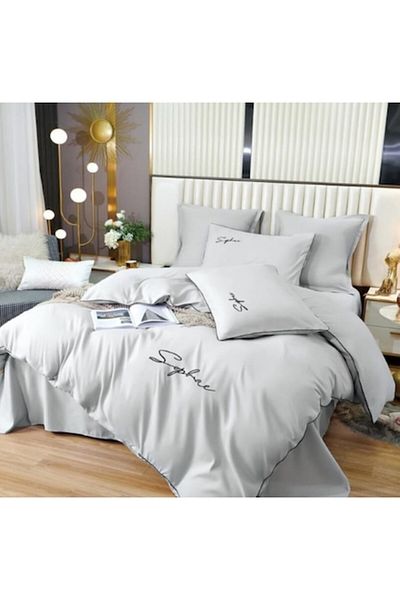 OEM Lenjerie de pat, Uni, Finet, 2 persoane, 6 piese, 230x245cm, Gri Deschis