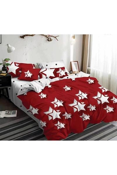 Pucioasa Double bed linen set, Pucioasa, Finet, 6 pieces, 2 persons, white stars print, 245x250cm, Red-White