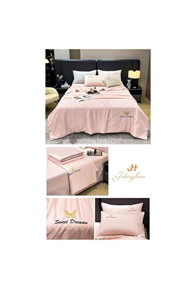 OEM Double bed linen set with summer duvet, Uni, 4 pieces, 2 persons, 245x250cm, Silk, Pink