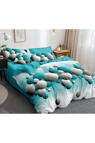 Pucioasa Set de lenjerie de pat dublă, Pucioasa, Finet, 6 piese, imprimeu turcoaz-gri, 245x250cm