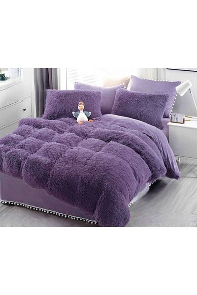 JOJO HOME Lenjerie de pat, Jojo Home, Fluffy, 2 persoane, 6 piese, Uni, 230x250cm, Mov