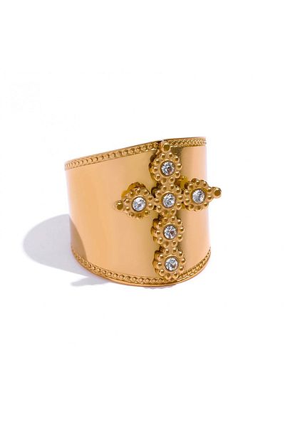 Eva Grace Theodora ring, gold, with cross pattern, made of 18K gold-plated stainless steel, adjustable