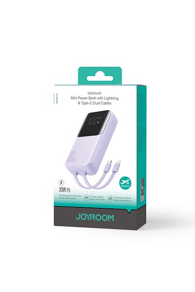 Joyroom Powerbank 30W 10000mAh z wbudowanymi kablami iPhone Lightning i USB-C fioletowy