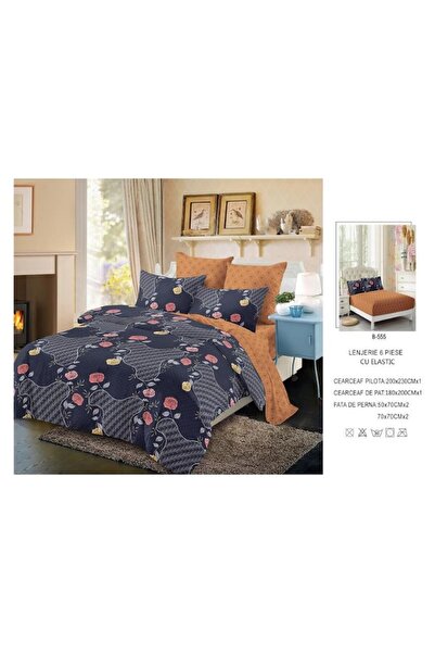 OEM Set de cearșafuri pentru pat dublu, cearșaf elastic, bumbac, 6 piese, 180x200cm, albastru-maro