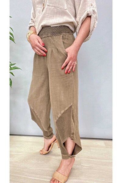 NÜANS MODA Lentil Flower and Button Detail Linen Pants