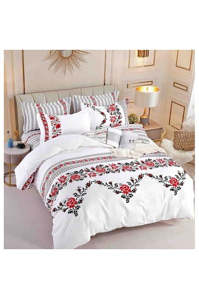 JOJO HOME Lenjerie de pat, Jojo Home, imprimeu Traditional, M9, 4 piese, 1 persoana, 155x230cm, Finet, Alb Mul