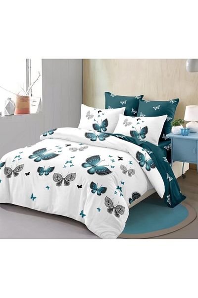 OEM Set de lenjerie de pat dublu, două fețe, fluturi, 6 piese, satin fin, alb-turcoaz