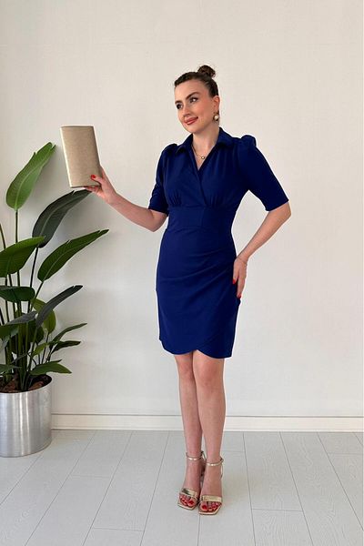 MaziButik Short Sleeve Collar Dress Saks Blue